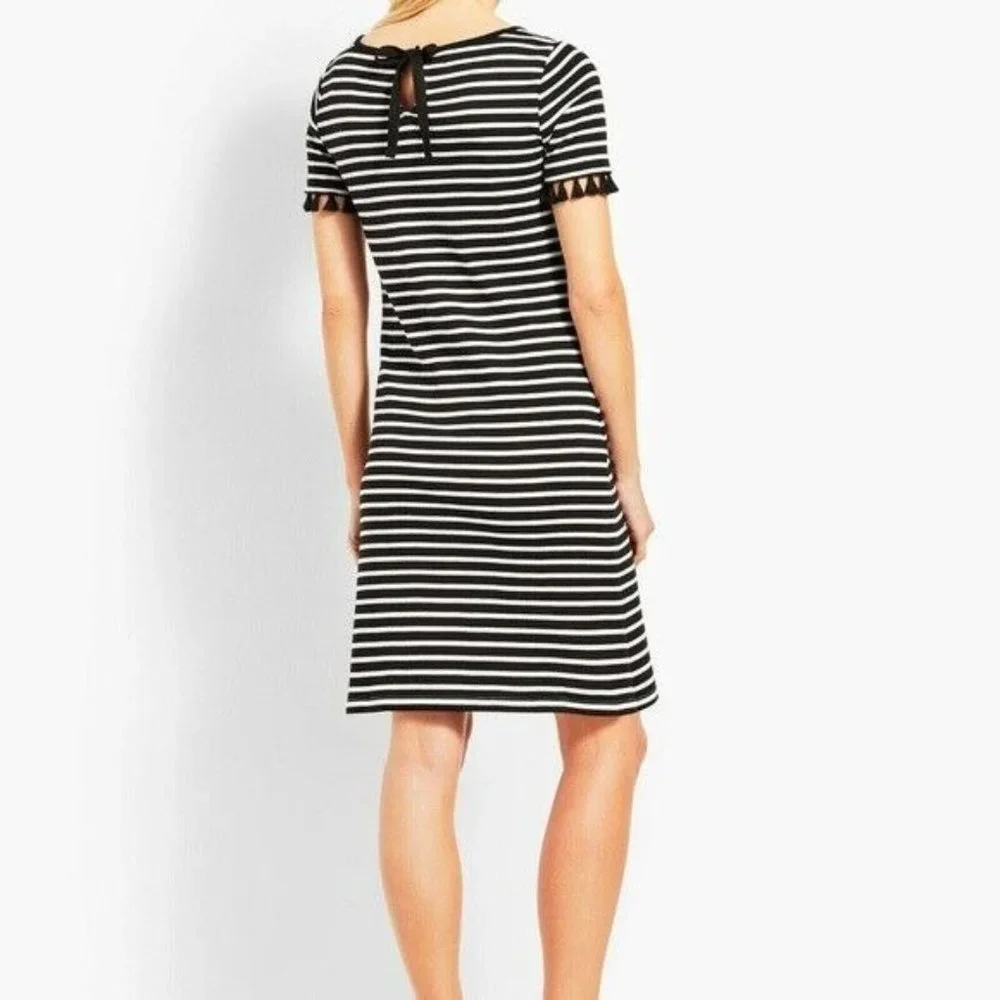 *Talbots Striped Tassle Short Sleeve Dress Womens Med Black White Tie Keyhole
